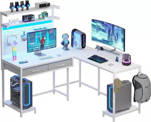 L Shaped Gaming Desk with LED Lights &Monitor Stan